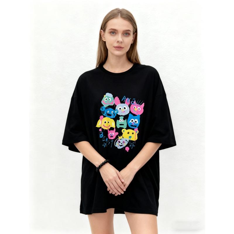 Oversized T Shirt Black Colorful Cartoon Characters And Letters Print Casual Streetwear For Women