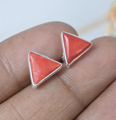 Solid 925 Sterling Silver Red Coral Gemstone Trillion Stud Earring, Gift For Her, Anniversary Gift