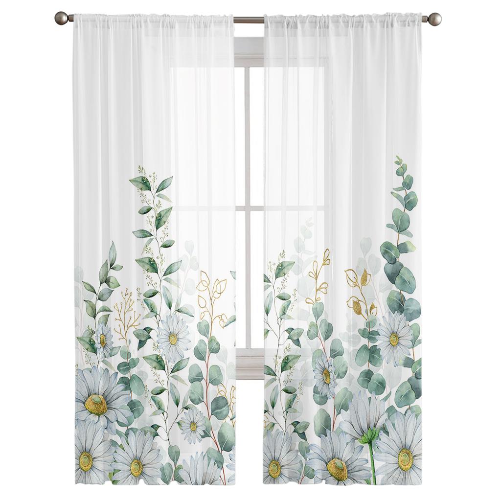 Eukalyptusblätter Bauernhaus Pflanze Gänseblümchen Voile Transparente Gardinen Wohnzimmerfenster Tüllgardine Küche Schlafzimmer Vorhänge Heimdeko