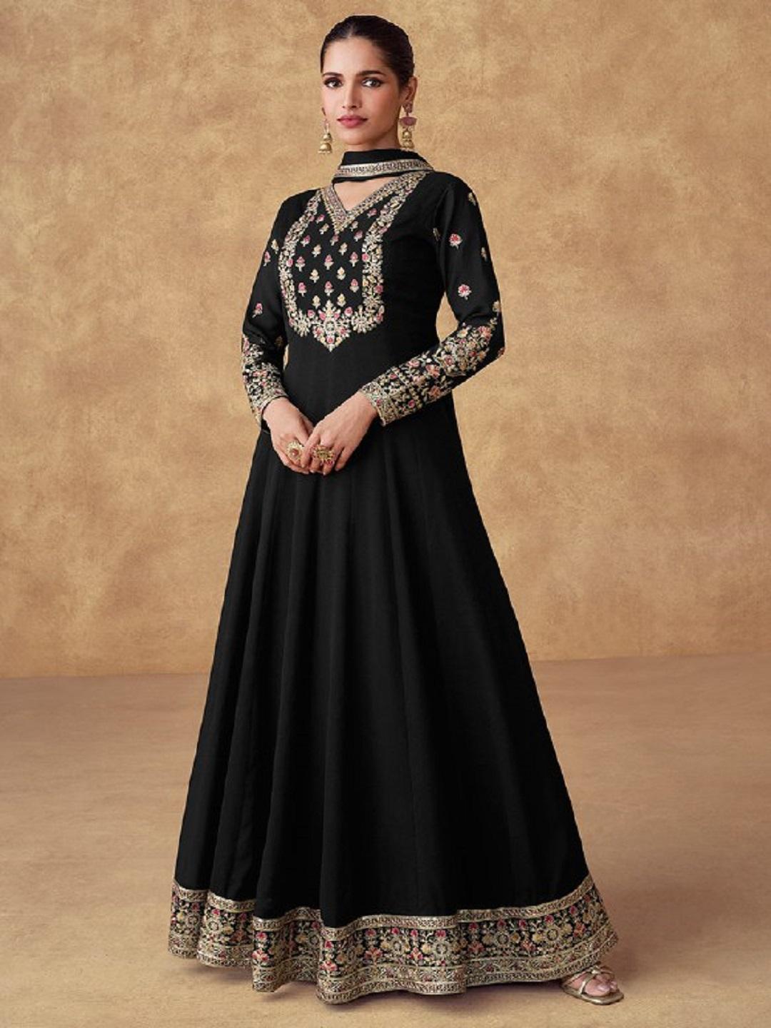 Black Embroidered Anarkali Gown for Women | Indian Party Wear Dress | Wedding Guest Ethnic Outfit | Long Sleeve Floor Length Gown L