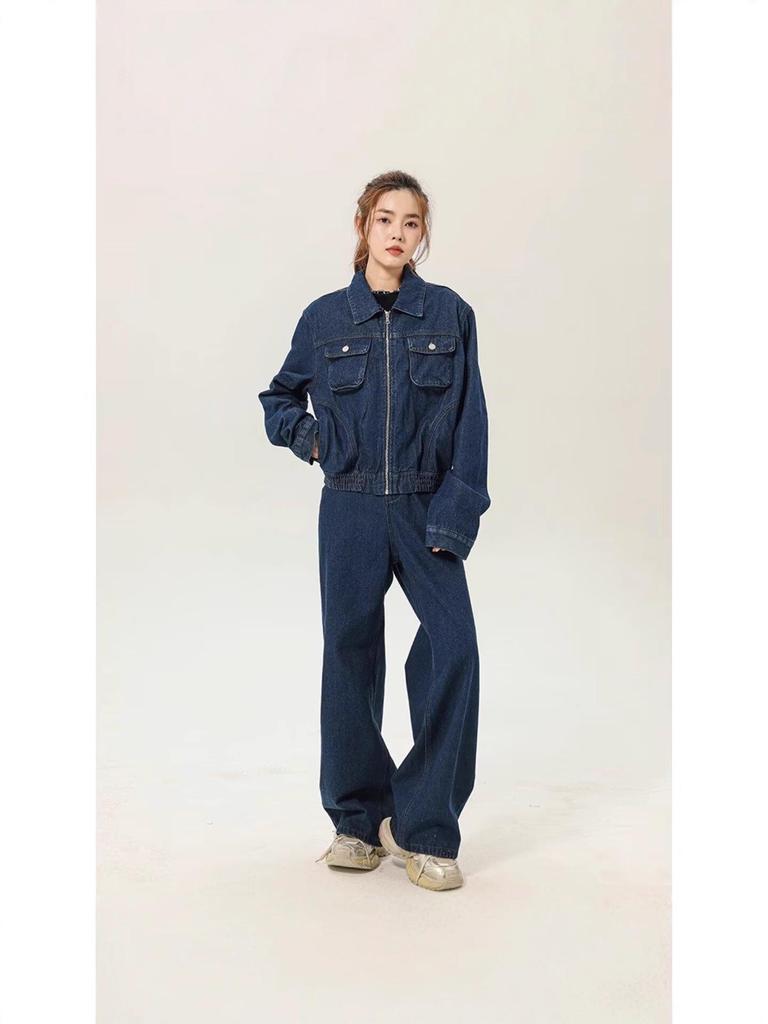 Patchwork Embroidery Denim Jacket and Wide-Leg Pants Set for Men & Women - Autumn Fashion, Retro College Style