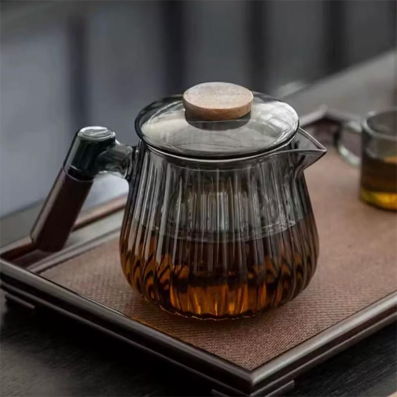750ml Teekanne aus hitzebeständigem Glas mit Holzgriff und Streifenmuster, mit Siebfilter, zum Aufbrühen von Puer-Blüten-Tee, Kung Fu Teegeschirr