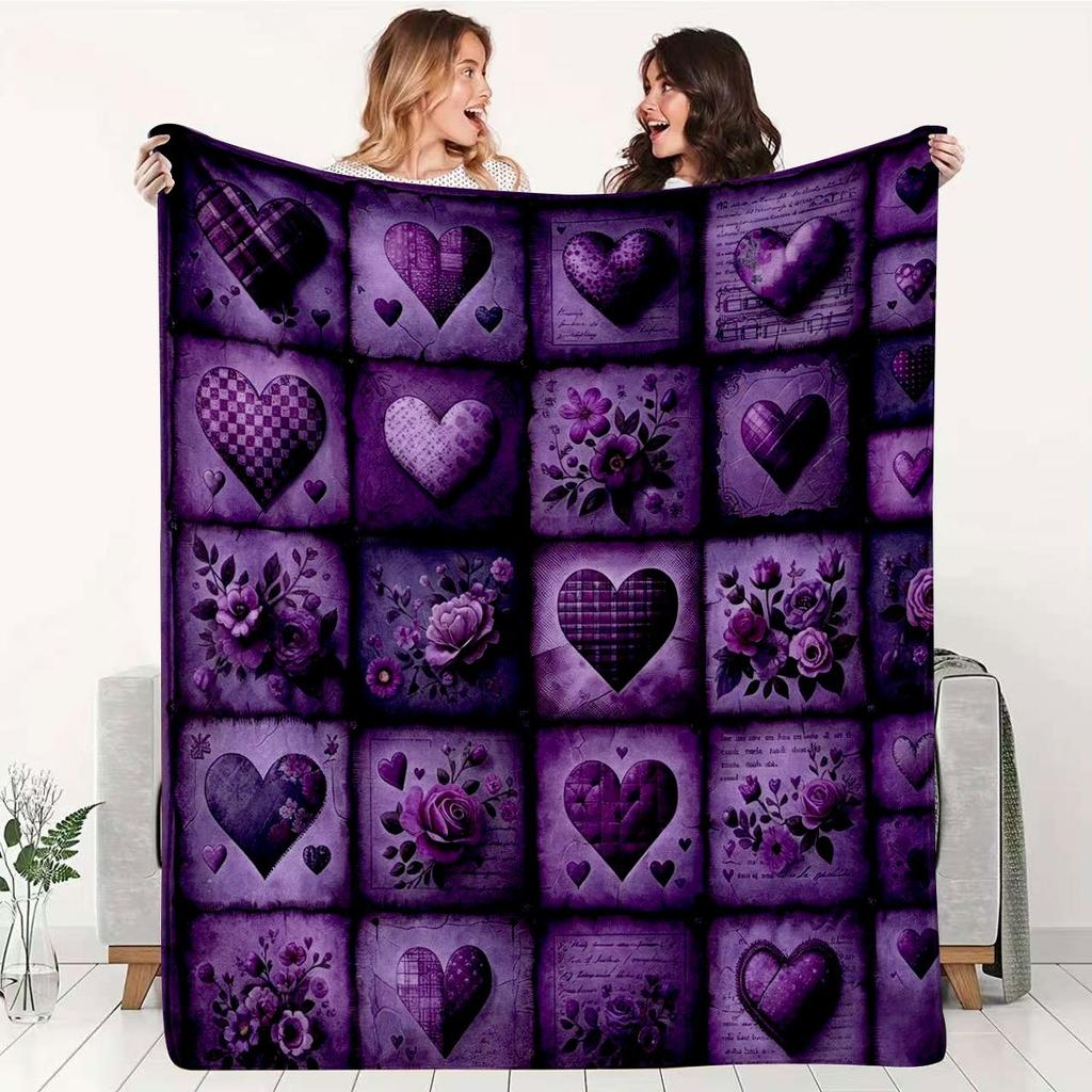 Vintage Purple Plaid Heart Rose Patchwork Checkered Themed Flannel Blanket - Large Size, Soft, Lightweight, and Warm, Suitable for All Seasons - Perfe