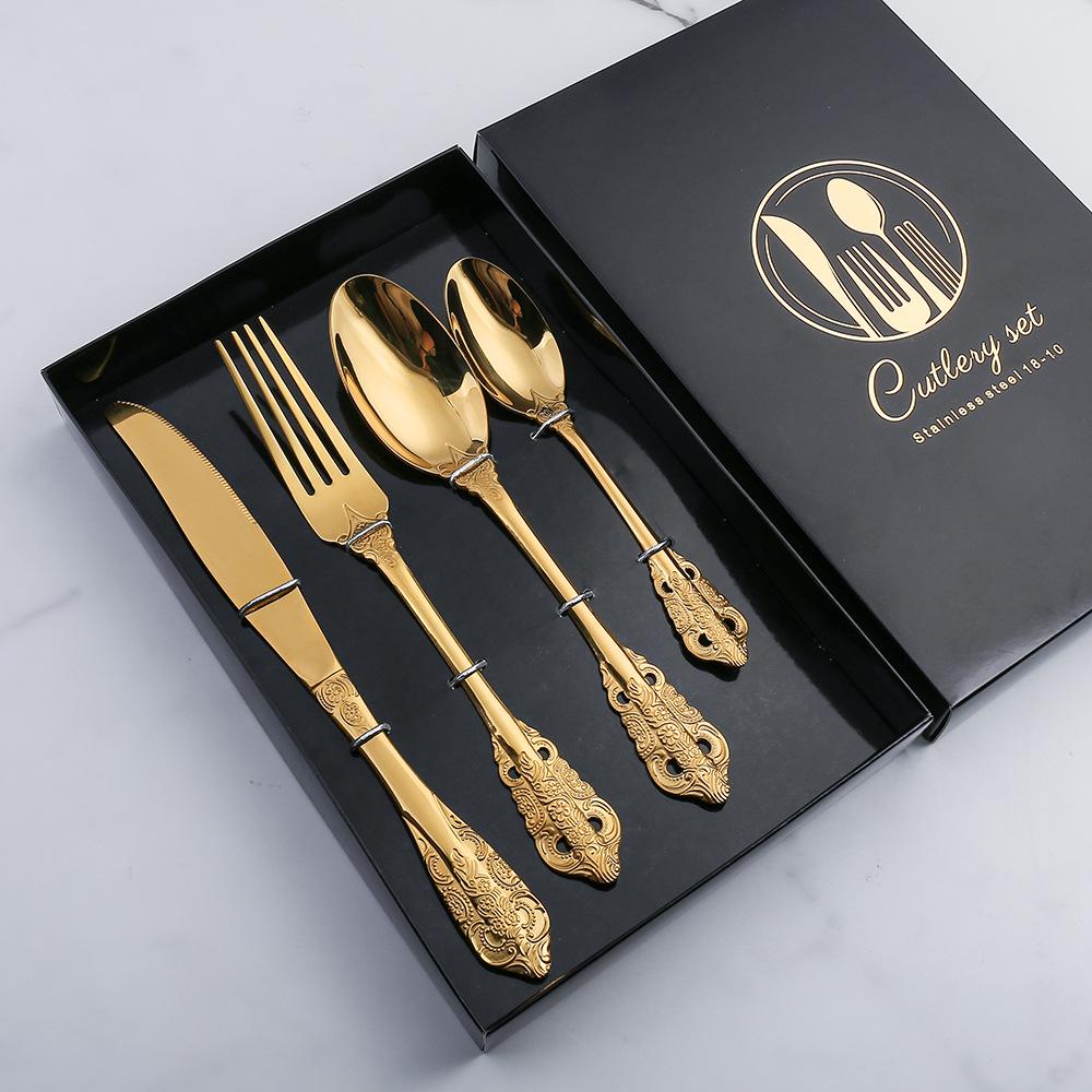 Vintage Embossed Stainless Steel Cutlery Set: European Knife, Fork, Spoon, and Bistro Steak Knife