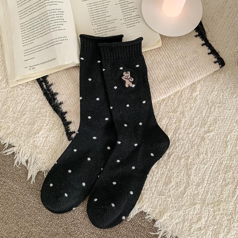 Socks Tide Cute Embroidered Bear Wool Warm Medium Tube Socks Stacking Socks