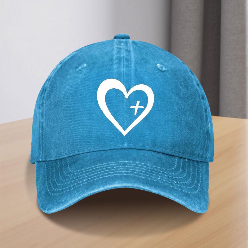 Christian Heart Cross Baseball Cap Unisex Polyester Distressed Denim Look Casual Church Hat