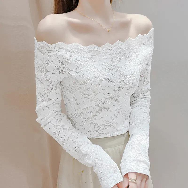 One-line Collar Lace Top High-end Fashionable Sexy Collarbone-exposed One-shoulder Bottoming Top for Women