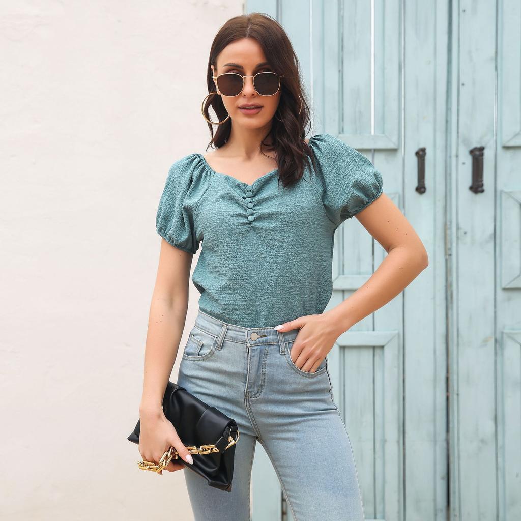 BITCED 3 Color V-neck Puffed Sleeve Pleated Buttons Decorated Chiffon Short Sleeve Top for Women Summer