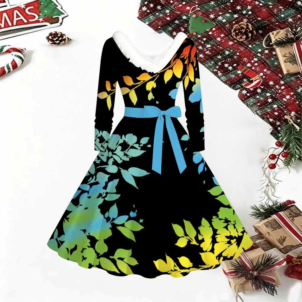 Women Floral Print Midi Dress, Long Sleeve V‑Neck Furry Trim A‑Line Party Dress, Christmas Limited Edition