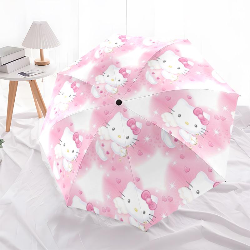 Ombrello pieghevole automatico con motivo Hello Kitty su sfondo sfumato, design portatile e pieghevole, 8 stecche, un regalo di Natale o di compleanno.