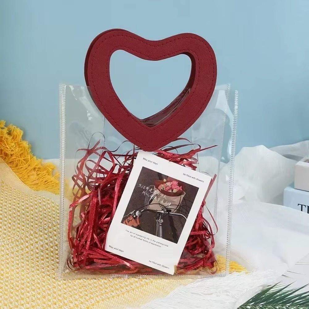 Transparent Hand Gift Bag with Heart Shape Handle Waterproof Shopping Bag Handbag PVC Tote Bag Gift Pouch Wedding Party Favors
