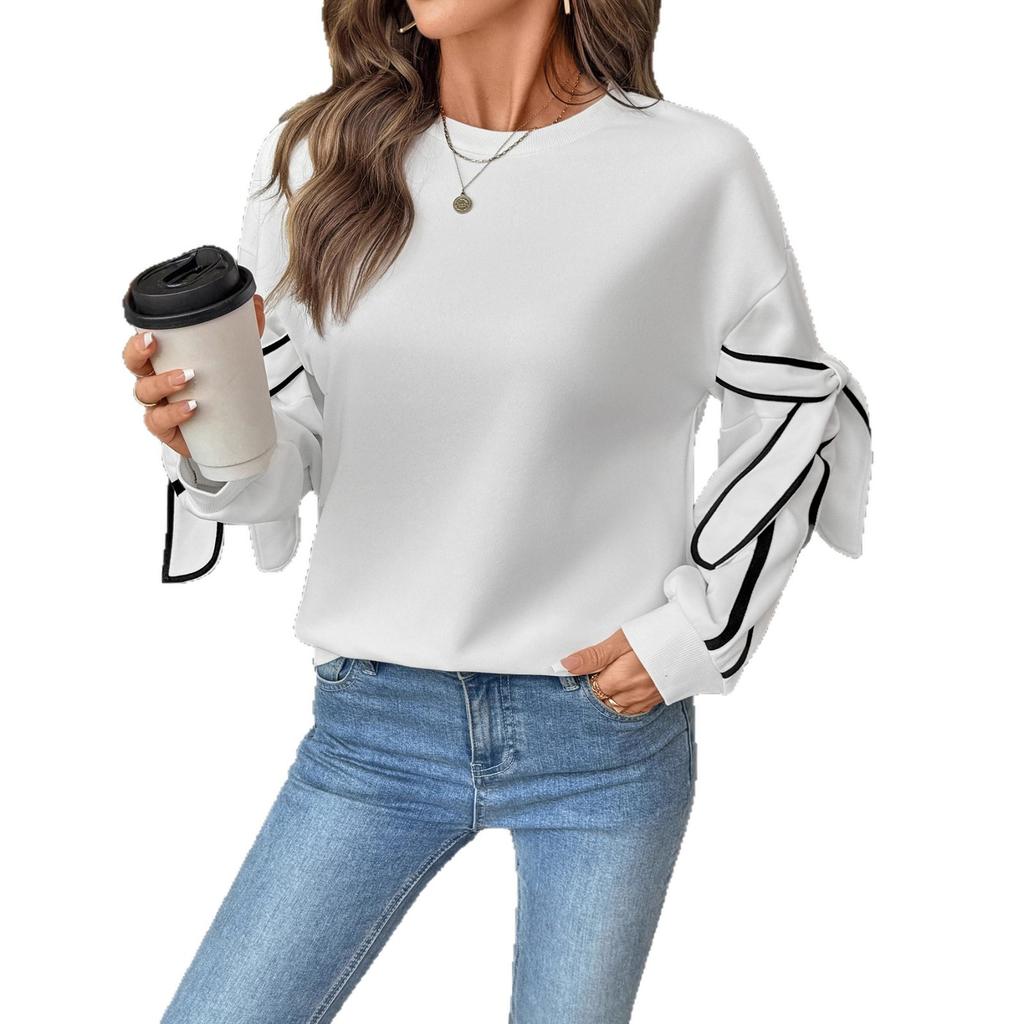 Autumn's New Contrasting Color Three-dimensional Bow Round-neck Long-sleeved Pullover Hoodie for Women