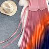 Pleated Diamond-Embellished Round-Neck Midi Dress for Women Summer Short Sleeve Lace-up Stunning Ombre Pleated Dress