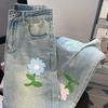 Flower Embroidered Patch Yellow Mud Dyed Light Blue Washed Slightly Pulled Jeans for Men and Women