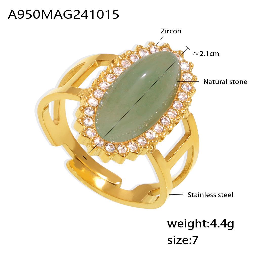 Qiong Yao 3A Zircon & Natural Stone Adjustable Open Ring, 18K Gold-Plated Titanium Steel Size 7 Adjustable