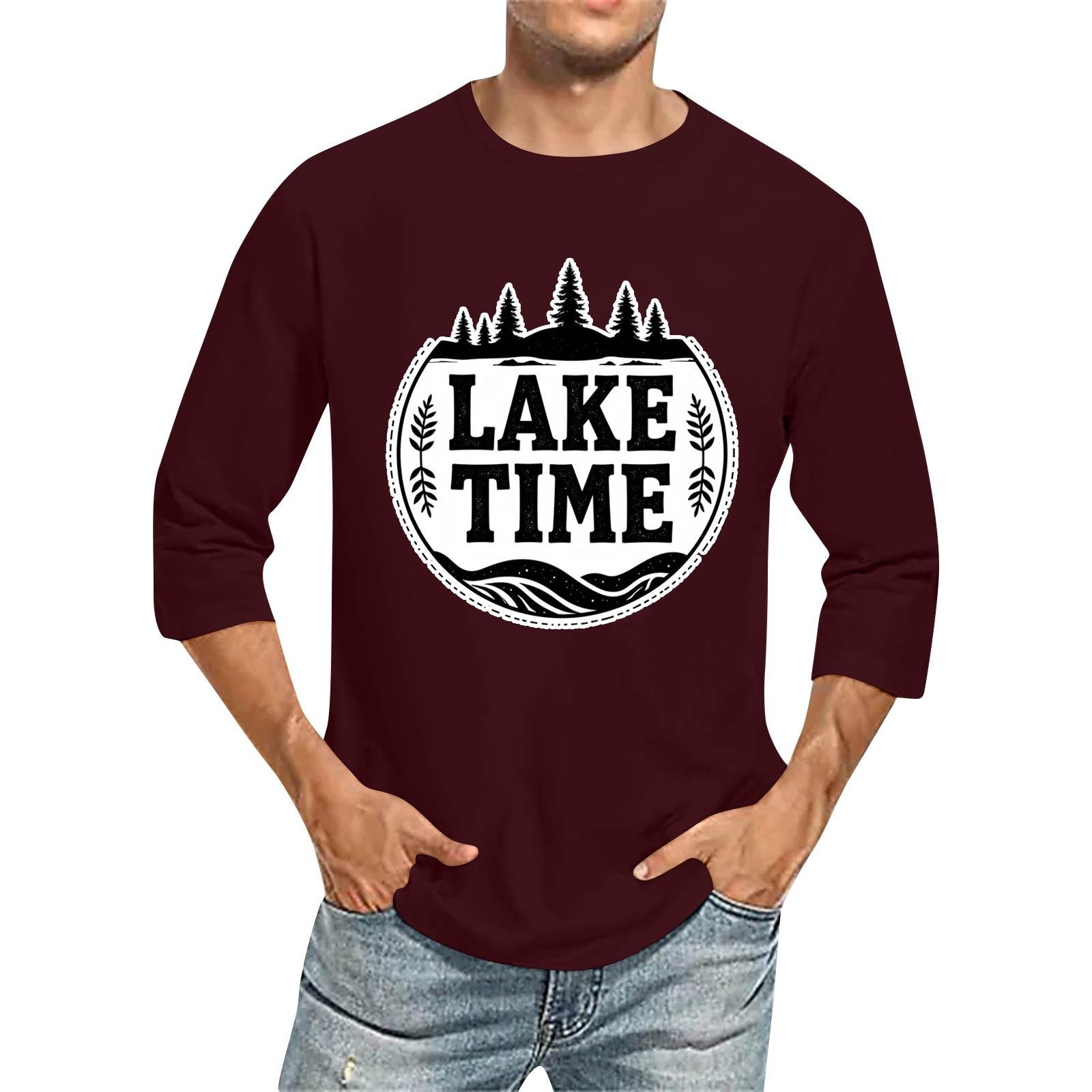 

Men s Fashion Casual Seven-Point Sleeve Print Round Neck Top S винний