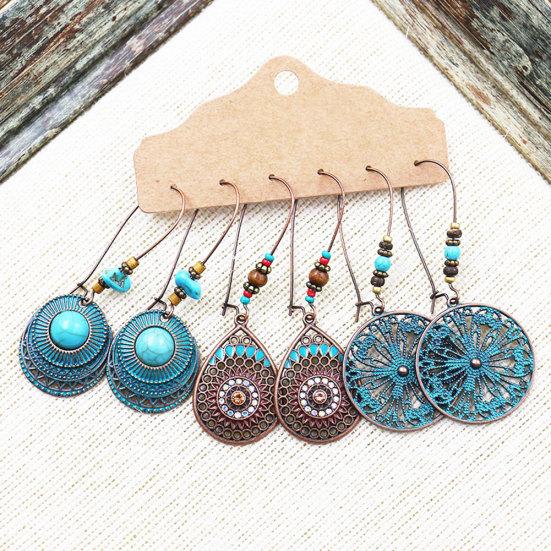 3Pairs Women Hollow Leaf Teardrop Round Dangle Ear Stud Hook Earrings Jewelry