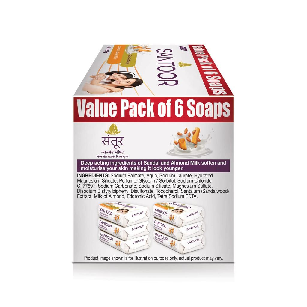 Santoor Skin Softening Sandal & Almond Milk Bathing Soap with Nourishing & Anti-Aging Properties| For Smooth & Soft and Younger-Looking Skin| For All