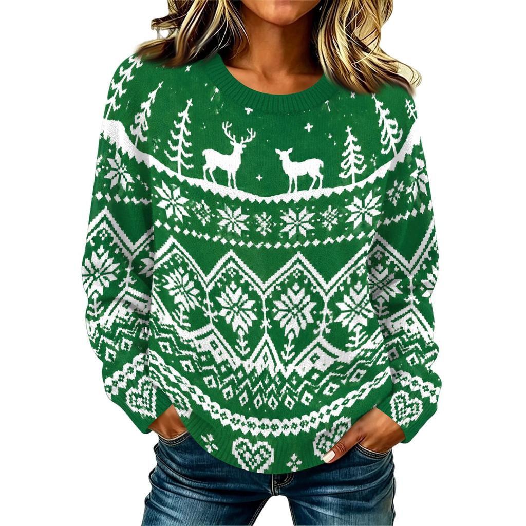 Women's Casual Long Sleeve Christmas Print Neck Knit Pullover Sweater Top