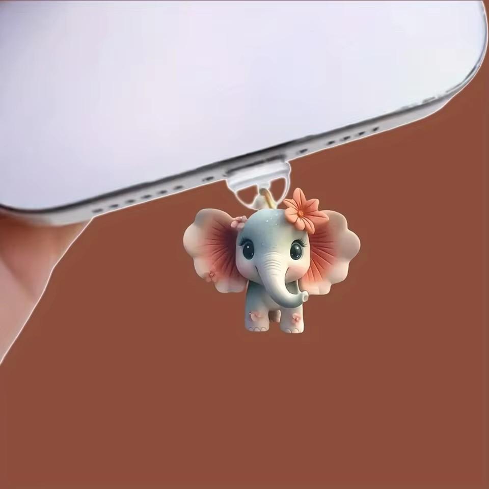 2D Acrylic Cute Elephant Phone Dust Plug Type-C Port Cover For Iphone & Samsung Decorative Hanging Pendant Accessory