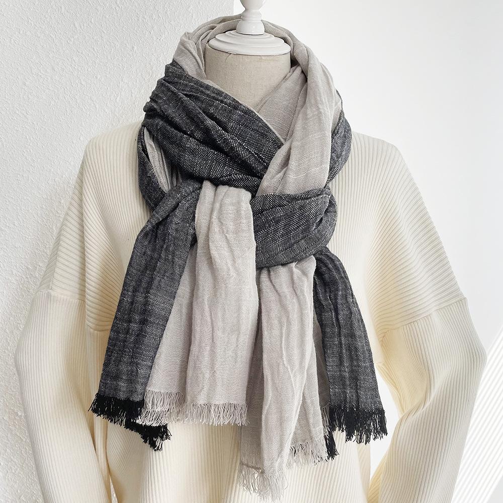 Japanese retro unisex contrasting cotton scarf autumn and winter color blocked tassel shawl men scarves 90x200cm