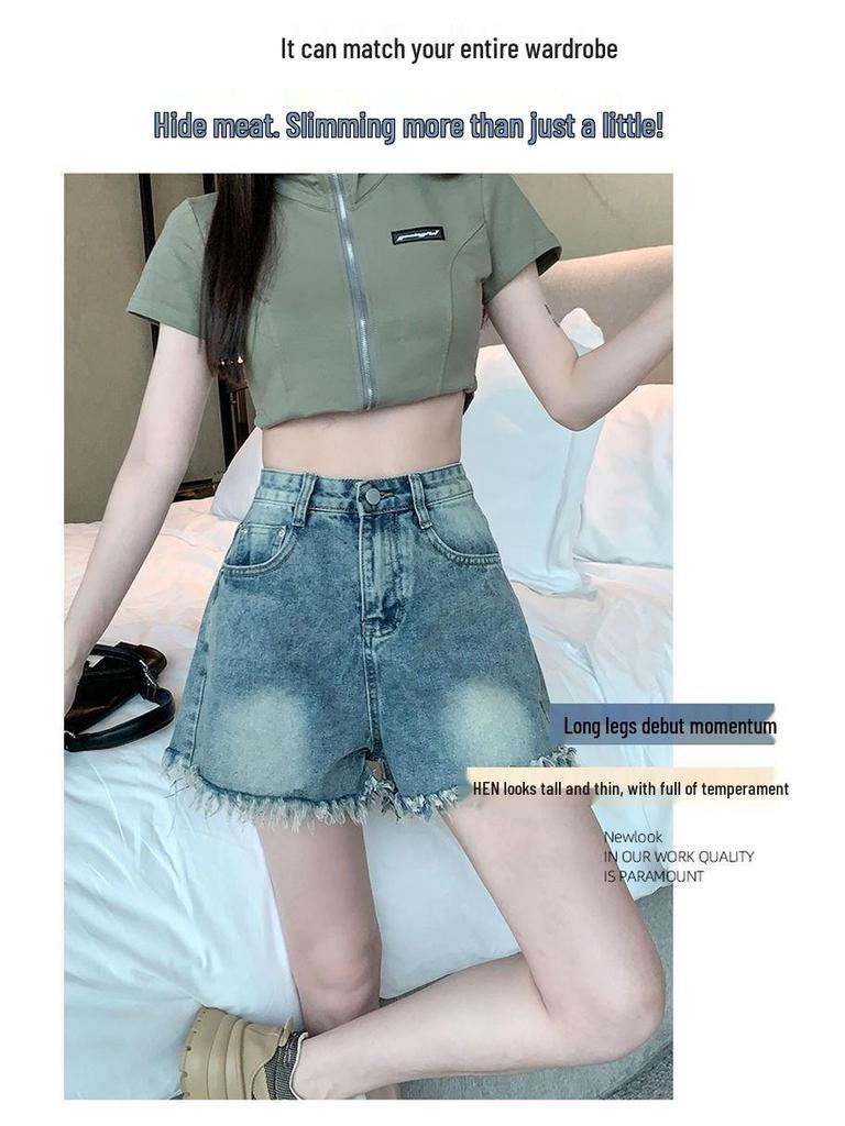 Women's High Waist Frayed Denim Shorts - Loose, Retro A-Line, Wide-Leg Summer Hot Pants
