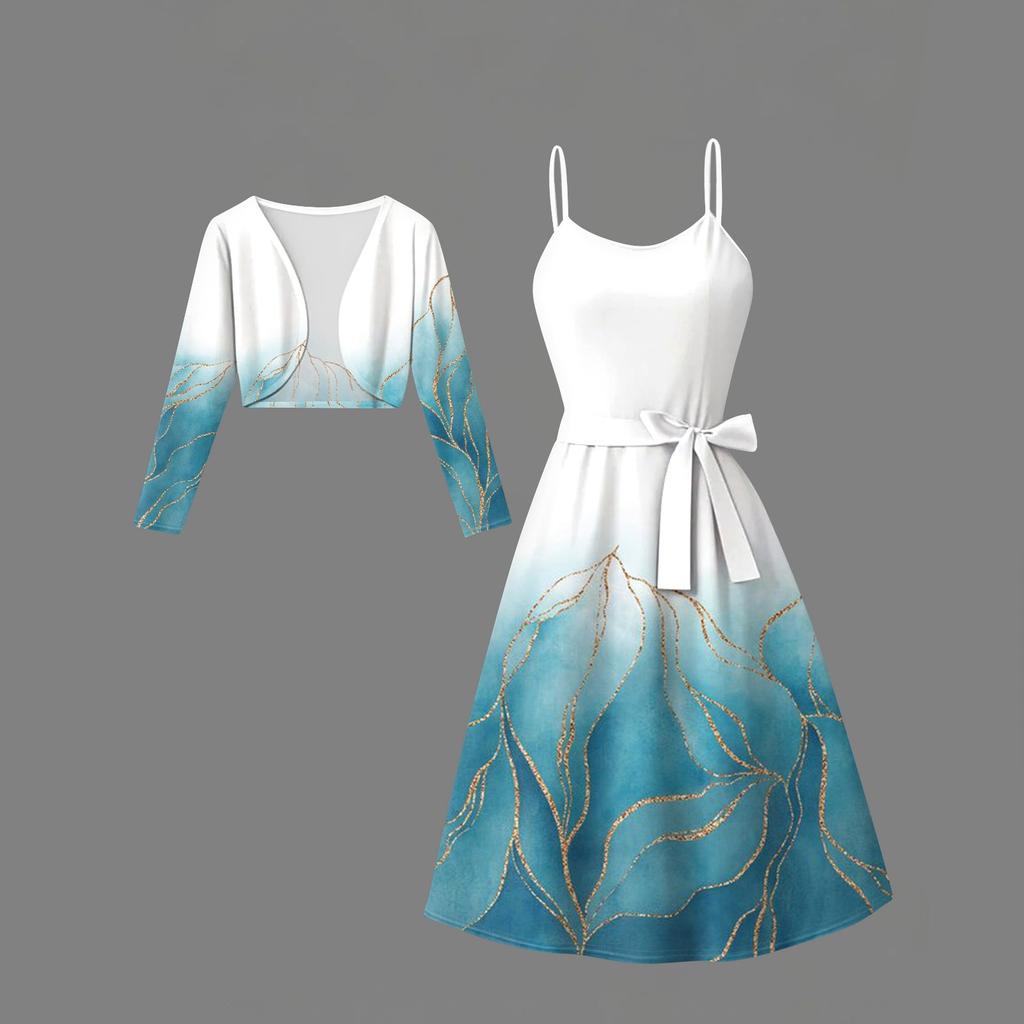 Women's  Fashionable And Casual Long-sleeved Short Cardigan Top + Belt + Strappy Dress Set