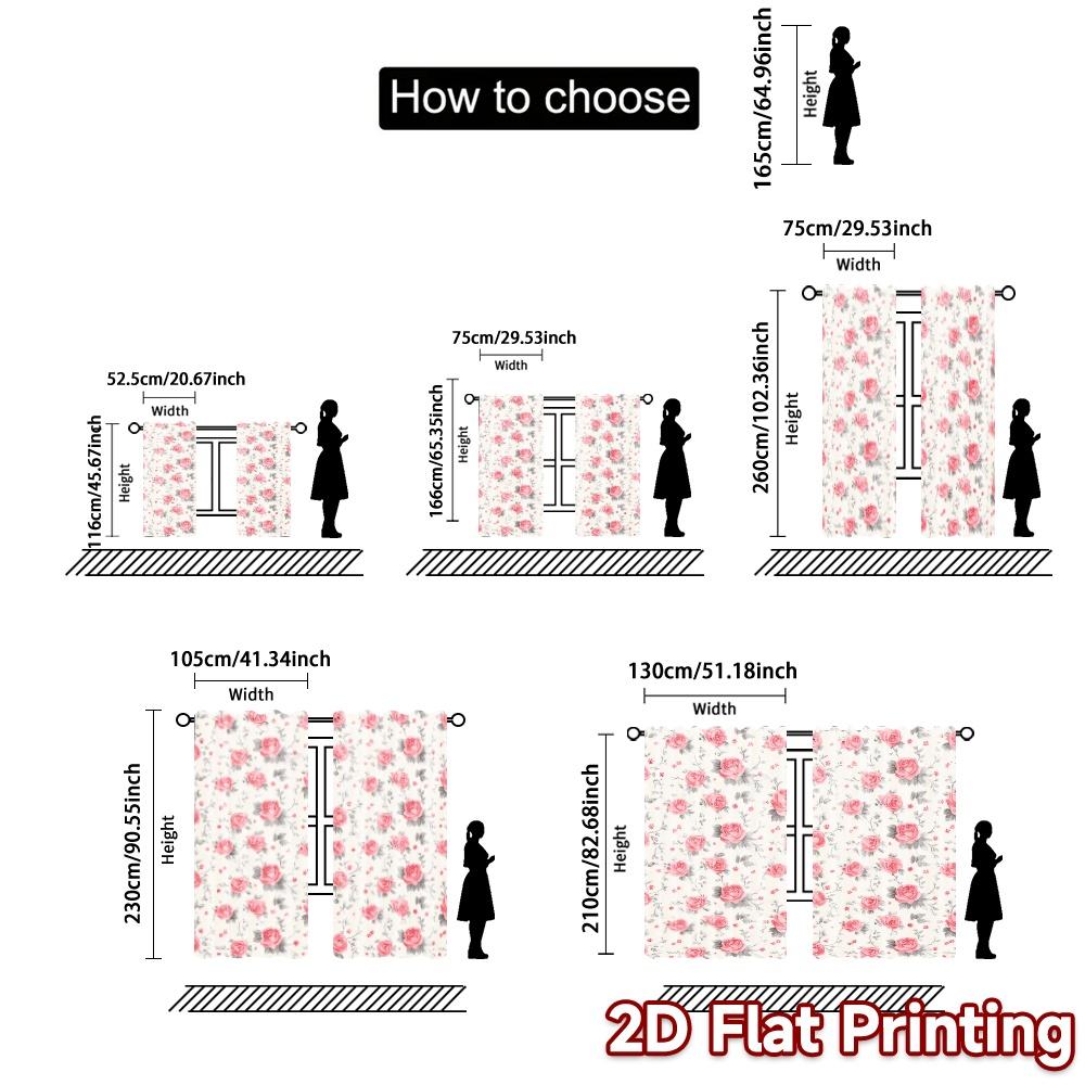 Set Of 2 Flat Printing Curtains Without Rod Floral Pattern Roses Ramadan Holiday Versatile Polyester Fabric Curtain Made