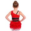 Girls Latin Dance Rhinestone Feather Asymmetrical Sleeveless Press Button Crotch Mesh Bodysuit