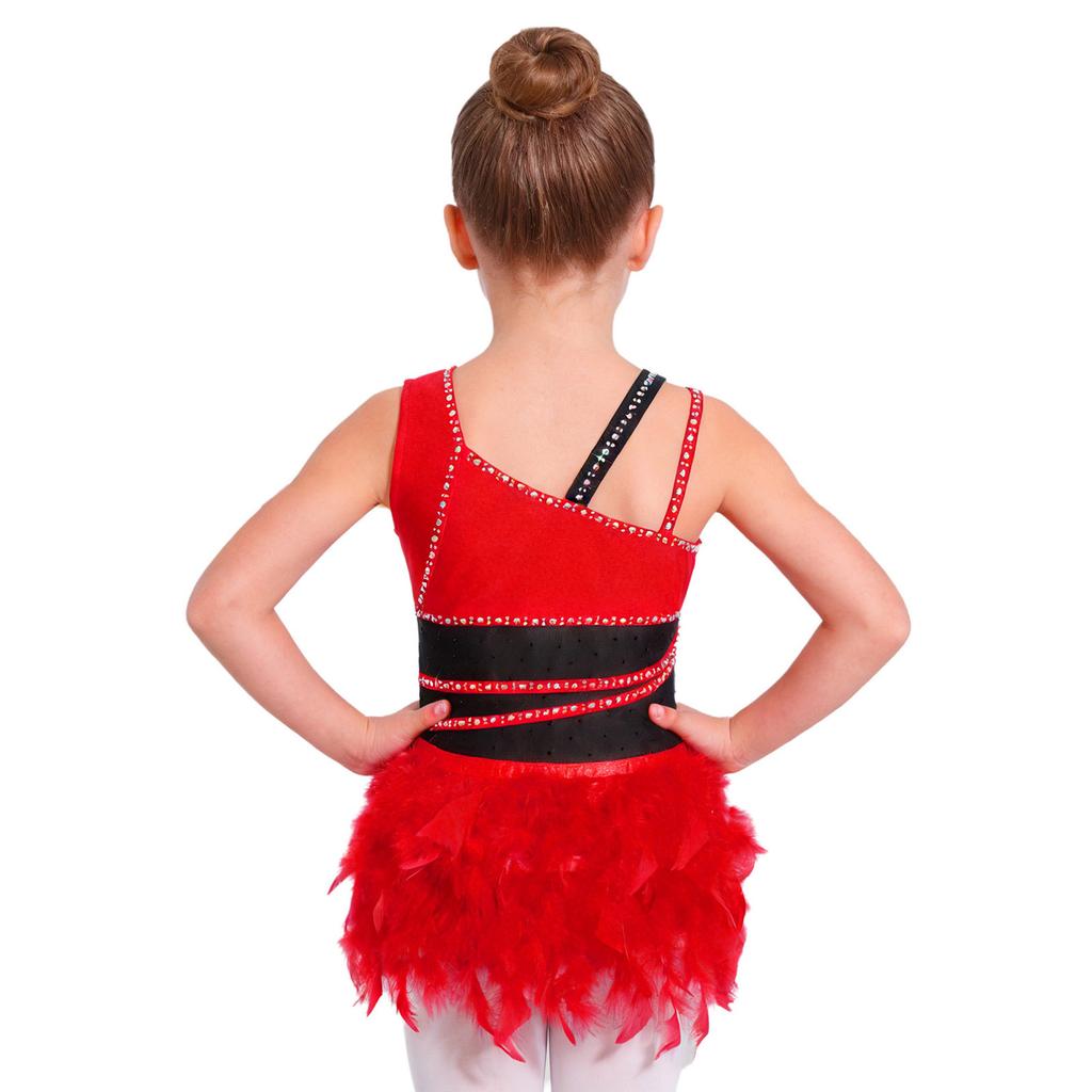 Girls Latin Dance Rhinestone Feather Asymmetrical Sleeveless Press Button Crotch Mesh Bodysuit