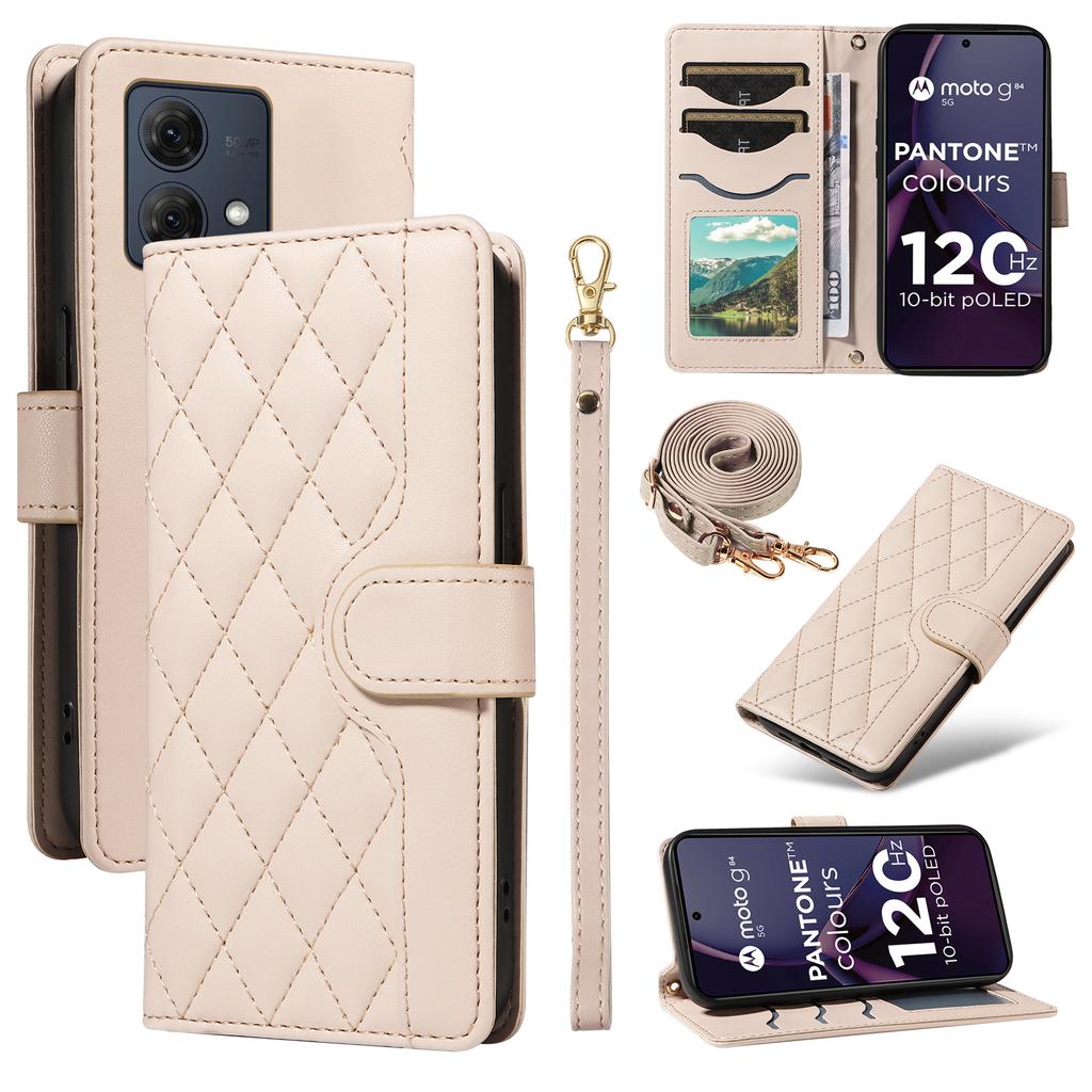 For Motorola Moto G84 5G Case Wallet Rhombus Leather Phone Cover with Shoulder Strap,Wrist Strap