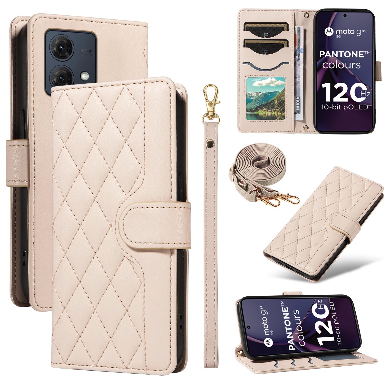 

For Motorola Moto G84 5G Case Wallet Rhombus Leather Phone Cover with Shoulder Strap,Wrist Strap Apricot