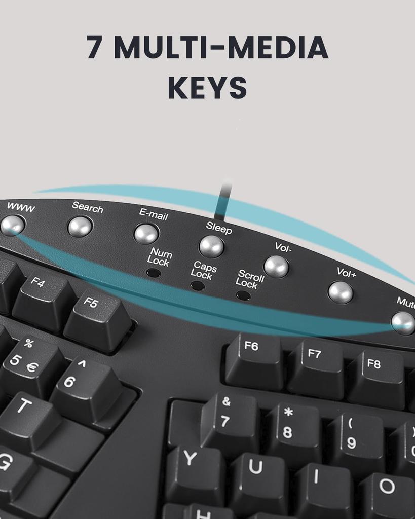 Perixx PERIBOARD-512BUS Ergonomic Keyboard, Wired, English Layout, Full-Size, Separated Left and Right Keyboard, 104 Keys, 3D Curve, Tendonitis
