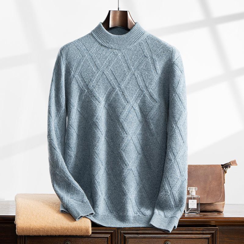 Men's Cashmere Jacquard Pullover Sweater - Half High Neck, Thick, Loose Fit, Long Sleeve, Business Casual