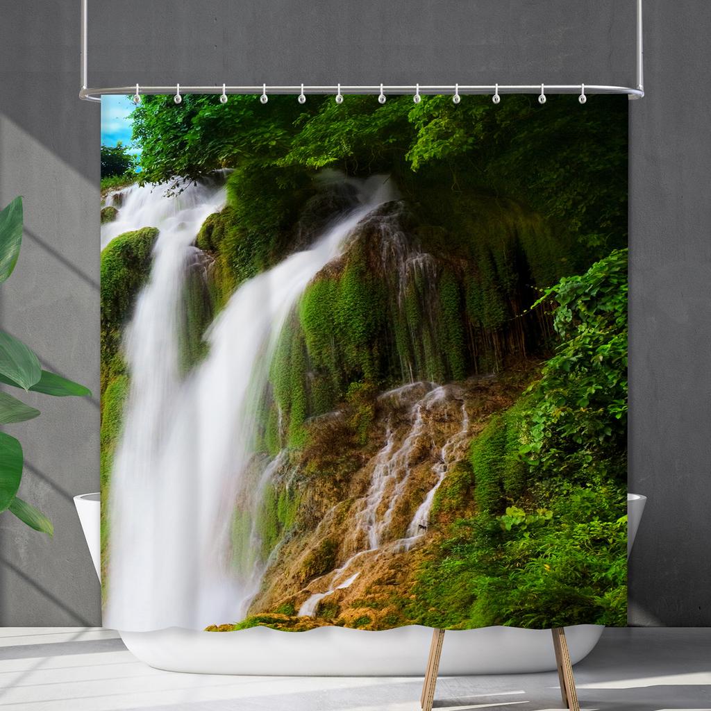 Bathroom Waterproof Curtain Digital Printing Landscape Waterfall Shower Curtain Free Punching Toilet Partition Curtain Shower Cloth