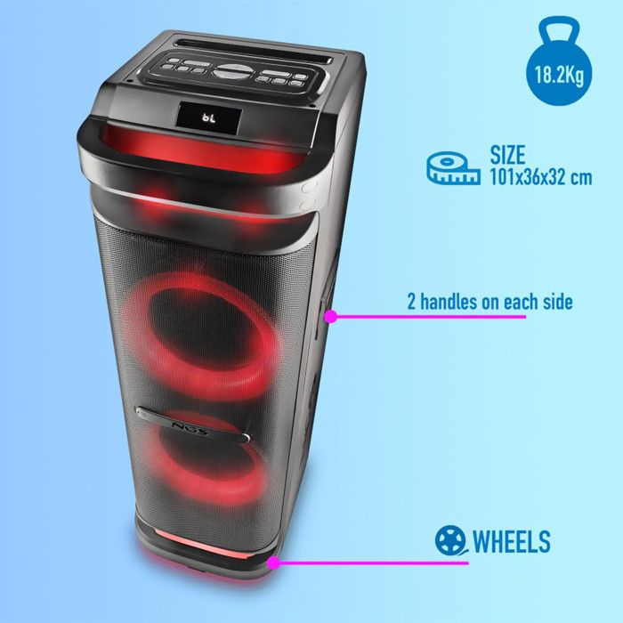 NGS Wild Space 3 - Enceinte Portable 4000W Bluetooth 5.3, TWS, Double Subwoofer 10 ", Tweeter Horn, Lumières LED RGB