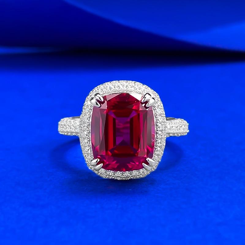 Xian Can Jewelry S925 Silver 9x11mm Pigeon Blood Red Pave Ring, European & American Style, Xiaohongshu Live. Size 8