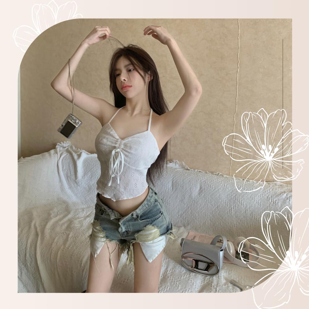 AQUA Marine Cropped Camisole with Lace Halter Gathered and Ribbon Feminine and Cute for a Casual or Sexy Summer Resort Look One Women's Neck, Chest,