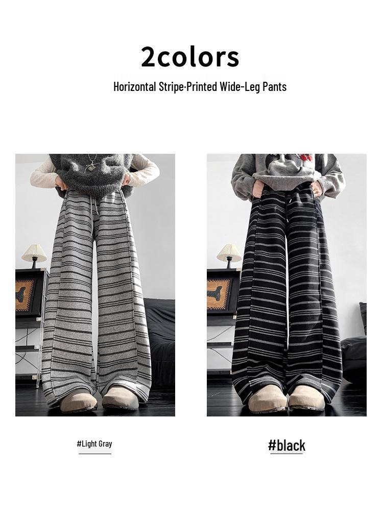 Women's High-Waist Fleece-Lined Striped Wide-Leg Pants for Autumn and Winter