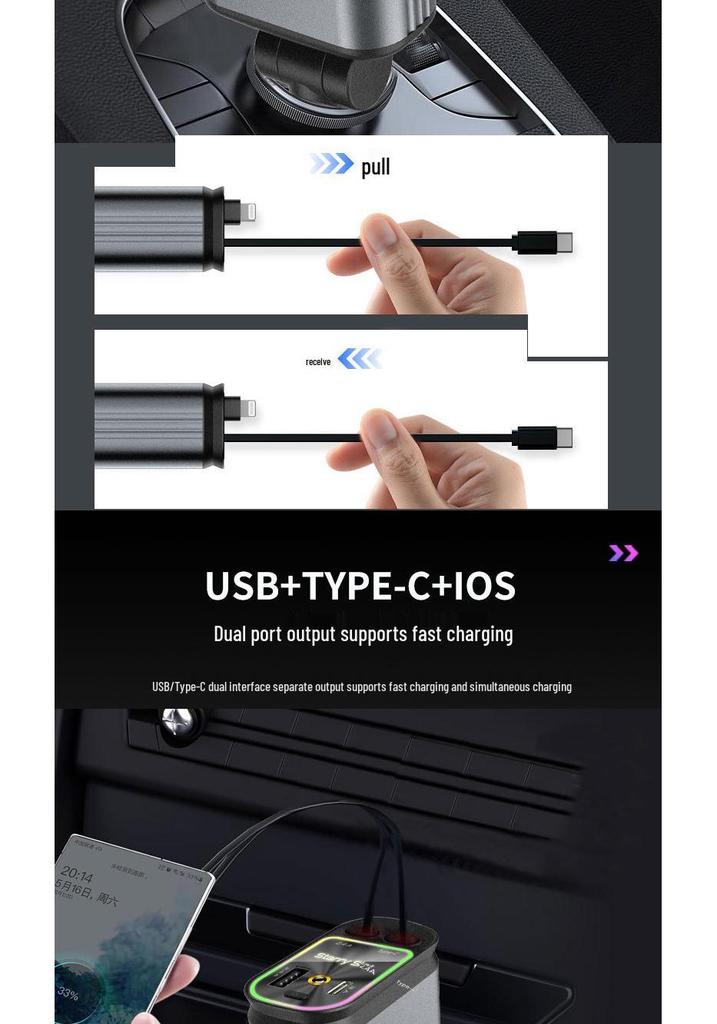 Retractable Four-in-One Car Charger with Starry Sky Light & Alloy Finish for Apple & Huawei