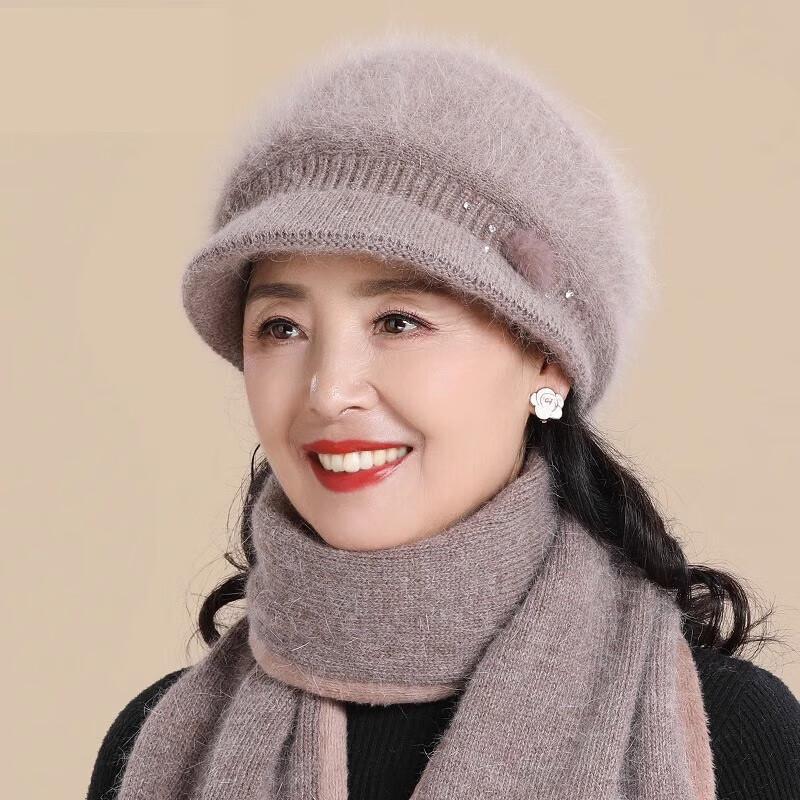 Elderly Women's Plush Lined Rabbit Fur Winter Hat, Scarf, & Gloves Set