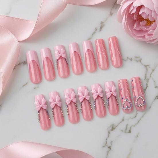 24Pcs Long French Tip Press on Nails, 3D Pink Bow Rhinestone Stick-on Nails for Women, Removable Full Cover Glue on Fake Nails
