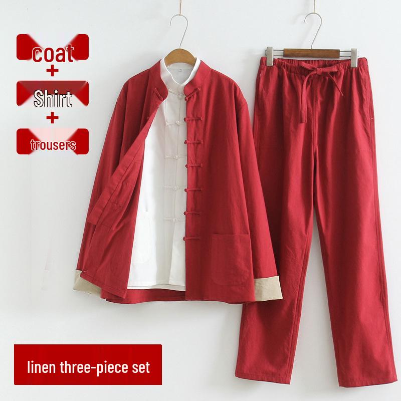 Men's Cotton Linen Three-Piece Tang Suit: Chinese Style Frog Button Hanfu, Retro Lay Buddhist Robe, Tea Attire