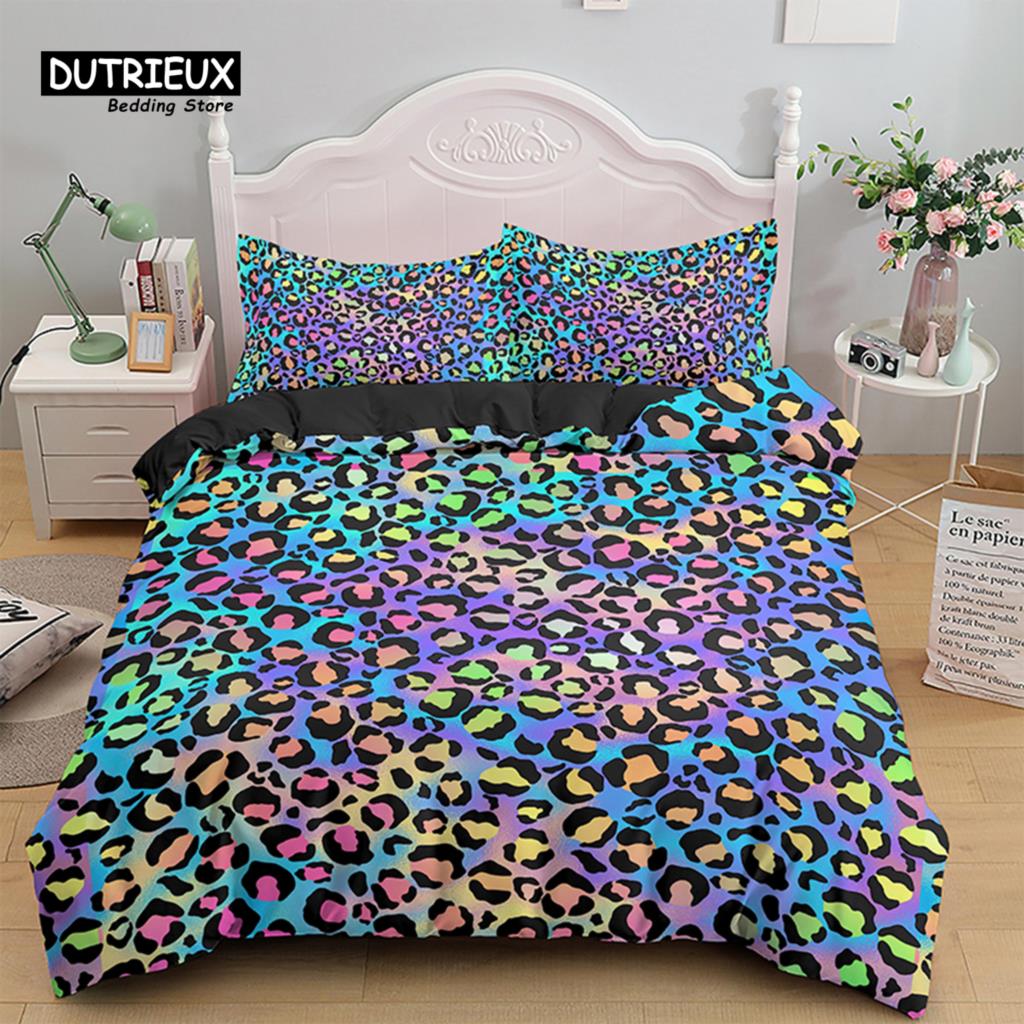 Colorful Leopard Print Bedding Set Microfiber Animal Skin Pattern Print Duvet Cover For Teens Adults Pillowcases Bedroom Decor