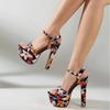 Fashion Mixed Colors Flowers Print Platform Sandals Women Weave Narrow Band Open Toe 14CM Super High Heels Party Banquet Dress Shoes