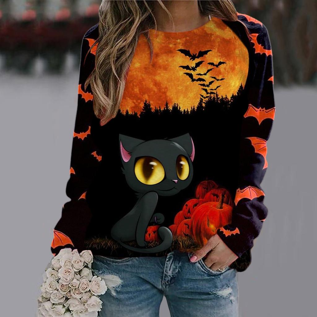 Spring and Autumn Round Neck Halloween 3D Printed Top Fashionable Casual Long Sleeved Women's T-shirts