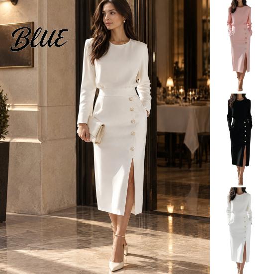 Commuting Dress Women Solid Color Midi Dress Slim Fit Autumn with Side Slit O-Neck Long Sleeve Metal Buttons Decor Formal Evening