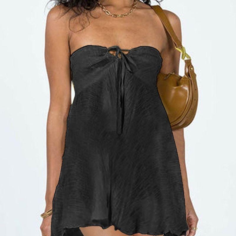 Graceful Personality Women's Clothing European American Summer New Fashion Tube Top Sexy Open Back Pure Color High Waist Dress