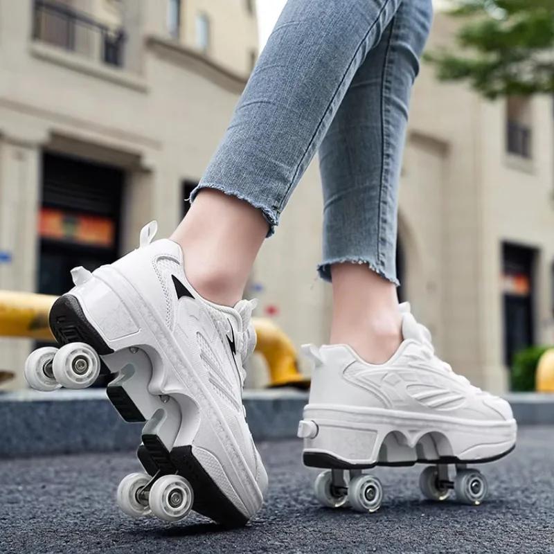 Buty PONERAIT Z Kółkiem Skóra PU Regulacja Pokrętłem Rolka Trampki Nowe Odkształcalne Buty do Parkouru Rolki Dla Dziewczynek Specjalny Prezent