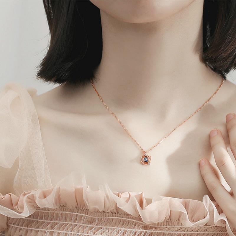 Colier Planetă Univers de Vis Femeie 925 Creativ Blue Glass Crystal Clavicle Lanț 16K Rose Gold Articol de cadou